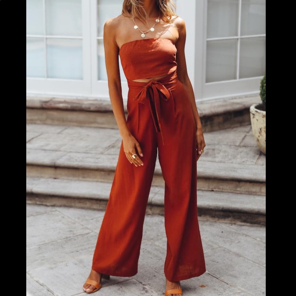 NWT Hello Molly Pop Records Jumpsuit in Rust Linen - Picture 1 of 7